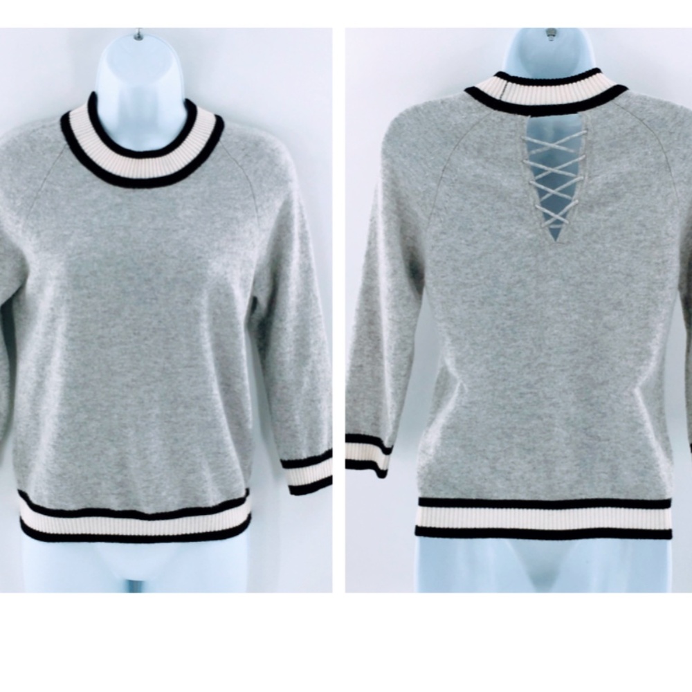 Minnie Rose Cashmere Sweater Gray Crewneck Rear Cut Out Cropped 3/4 Sleeve Sz XS